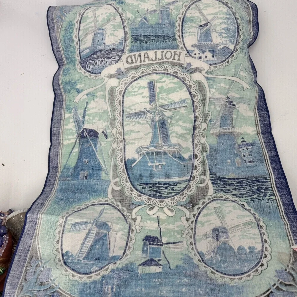 Vintage Holland Tea Towel Dutch Windmills Blue Green 100% Cotton Souvenir